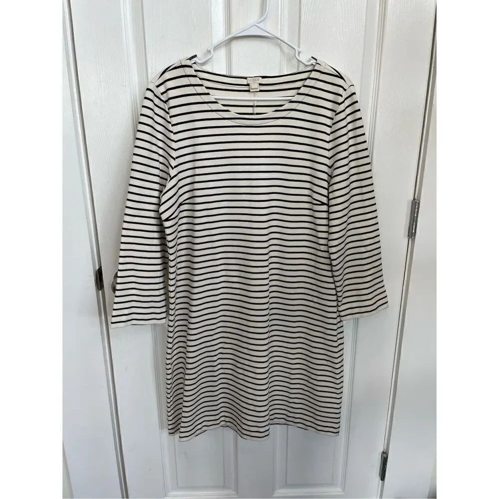 J. Crew Women's White Black Striped Pattern 3/4 Sleeve Mini Dress Sz L Nautical